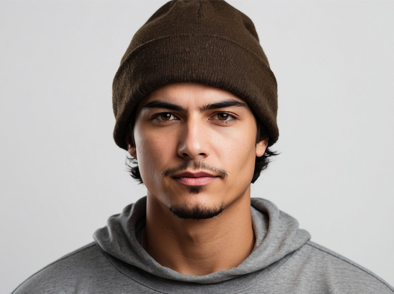 A young man in a knit hat.