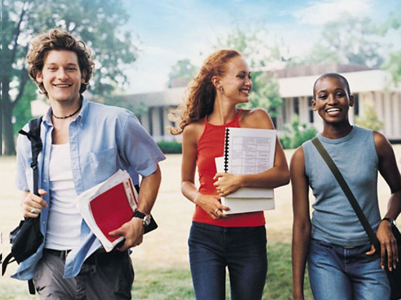 Three smiling college students